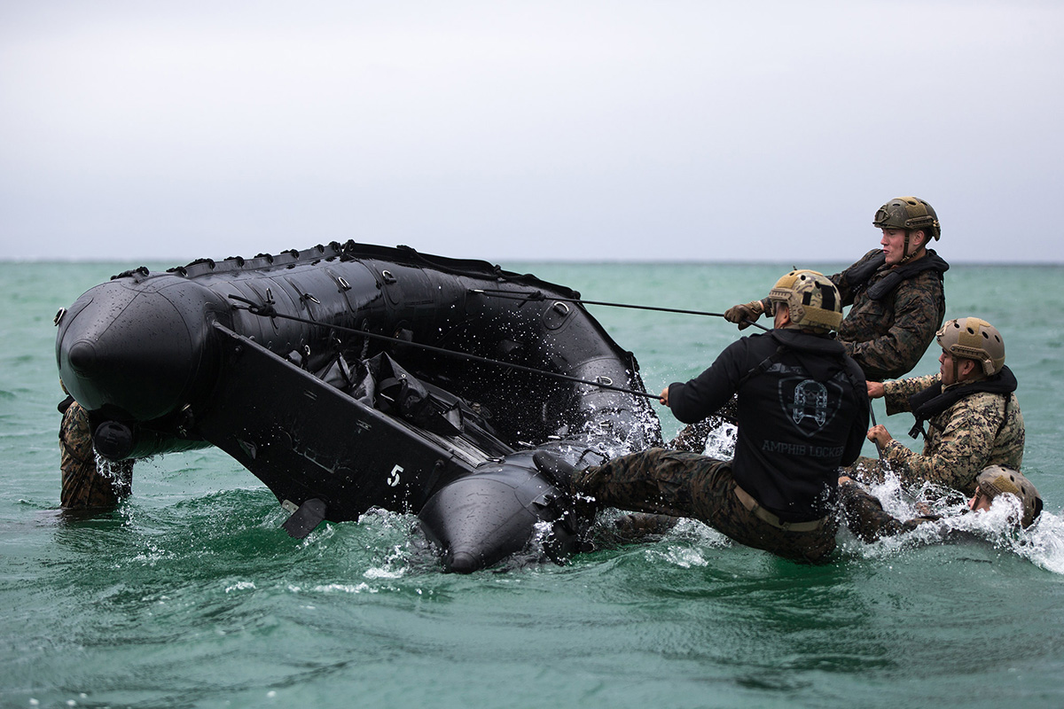 U.S. Marines conduct F470 Combat Rubber Raiding Craft training on Camp Schwab, Okinawa, Japan, May 29, 2019. The CRRC is often used to destroy enemy elements by transporting lightly armed raiding parties onto offshore facilities, beaches or larger vessels. (Cpl. Josue Marquez/Marine Corps)