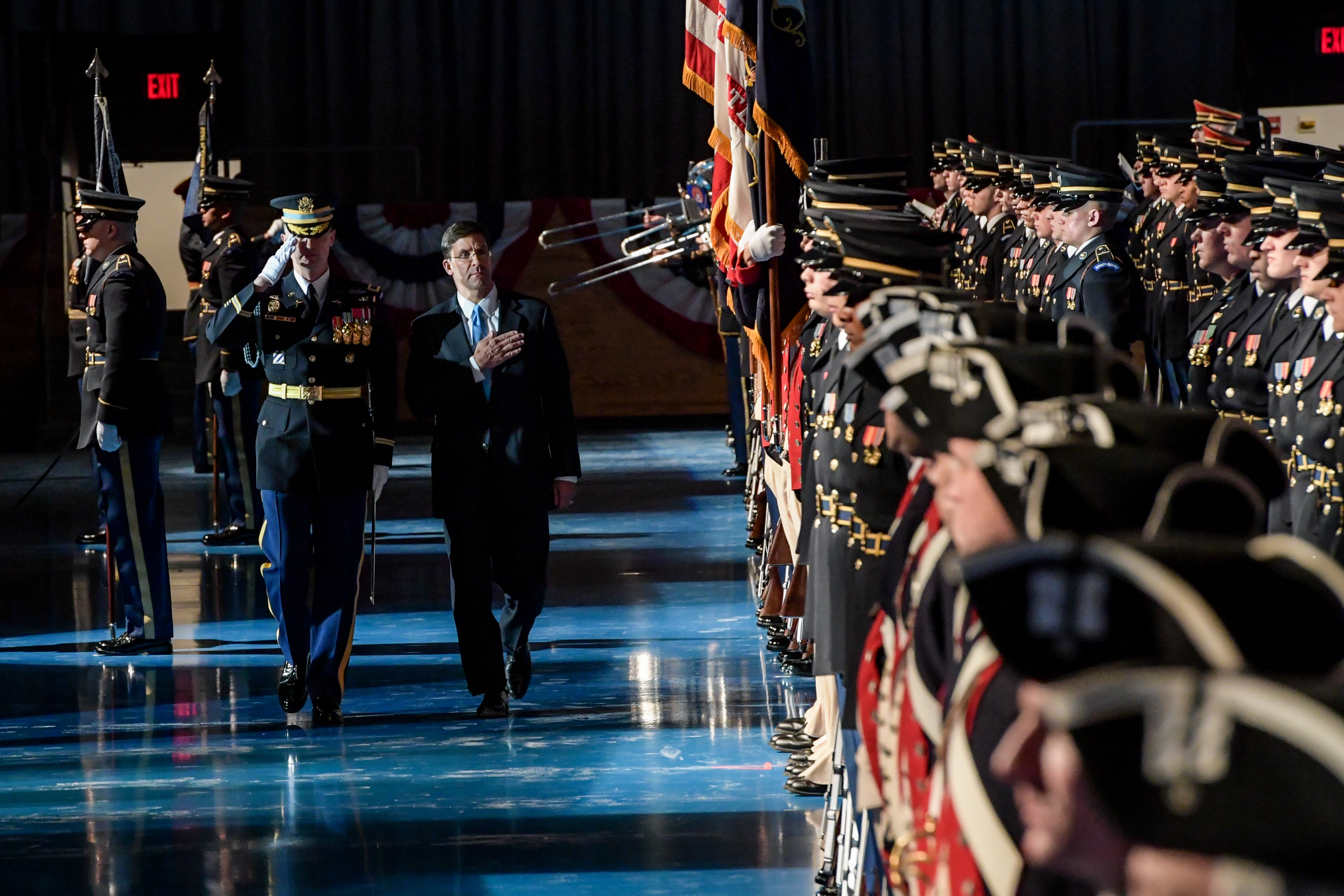 Secretary of the Army Dr. Mark T. Esper attends an Army Full Honors Arrival Ceremony hosted by the Chief of Staff of the U.S. Army Gen. Mark A. Milley at Conmy Hall on Joint Base Myer-Henderson Hall, Arlington, Virginia, Jan. 5, 2018. (U.S. Army photo by Spc. Anna Pol)