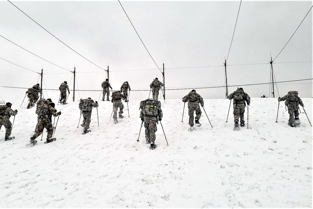 Students in Cold-Weather Operations Course 19-01 practice snowshoeing at a training area Dec. 6, 2018, on the Fort McCoy, Wis., cantonment area. (Army)