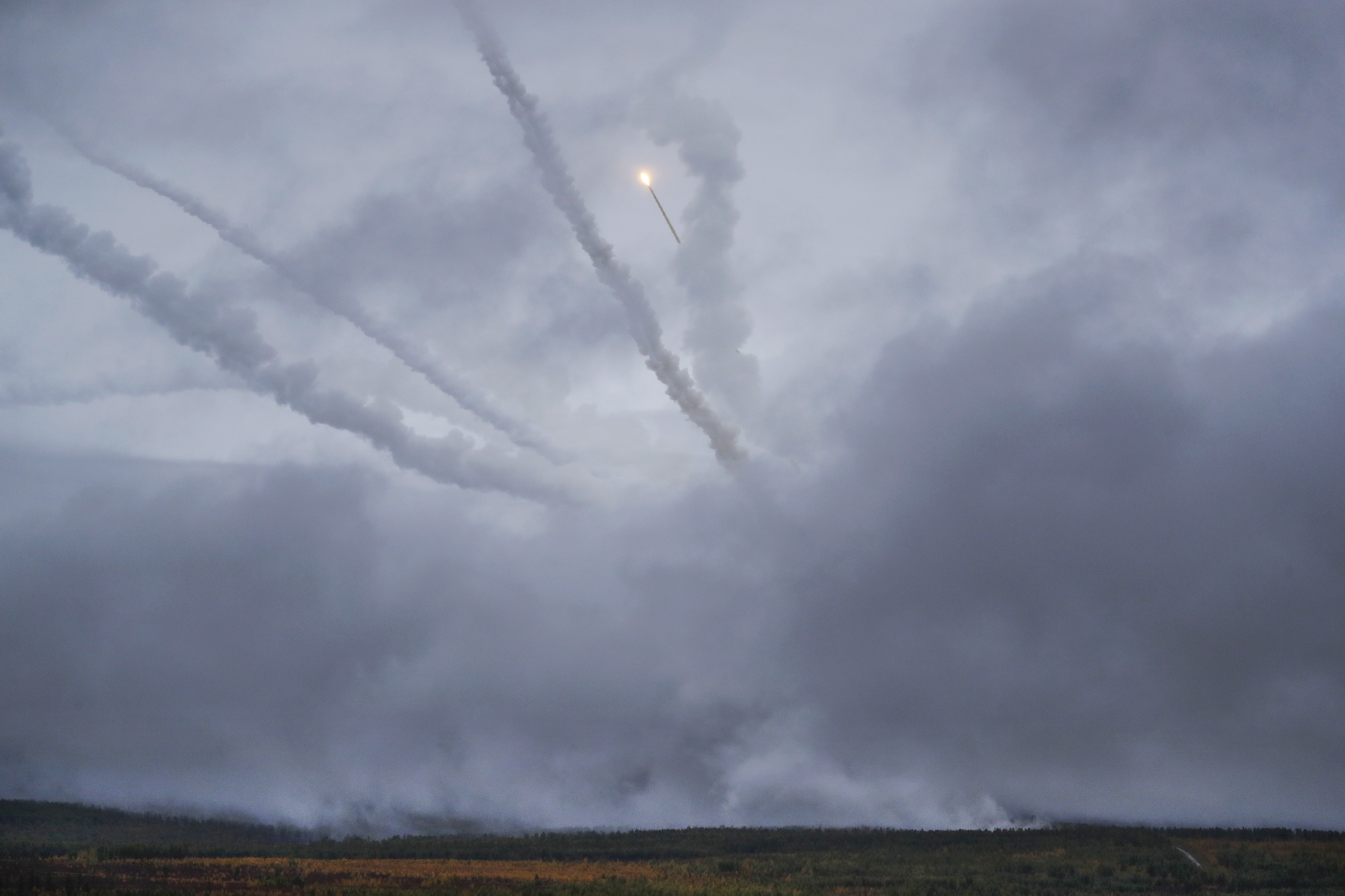 An air defense missile system flies during a military exercises on training ground 