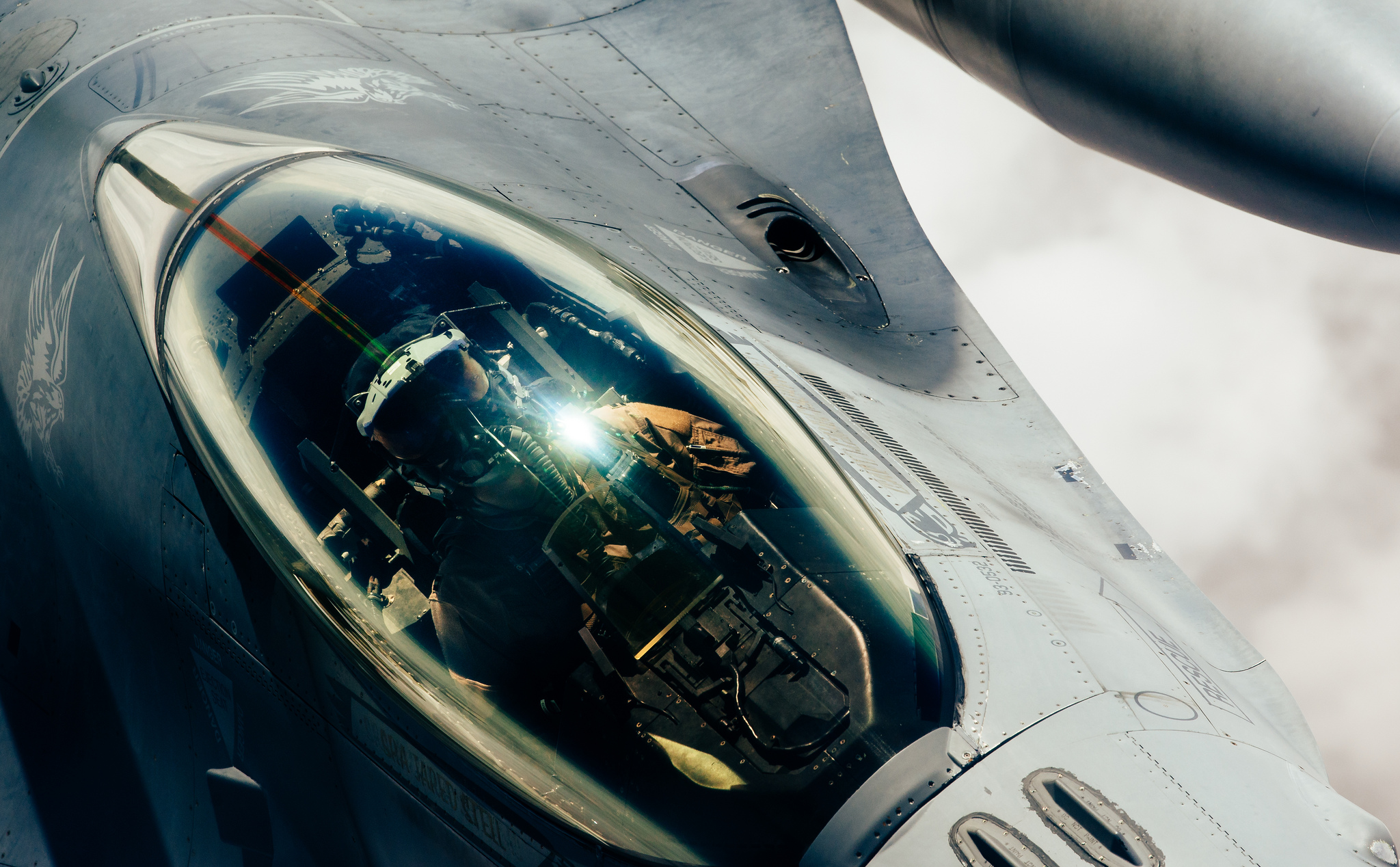 A U.S. Air Force F-16 Fighting Falcon approaches a KC-10 Extender for fuel during a mission in support of Operation Inherent Resolve over the Middle East, March 14, 2019. (Staff Sgt. Jordan Castelan/Air Force)