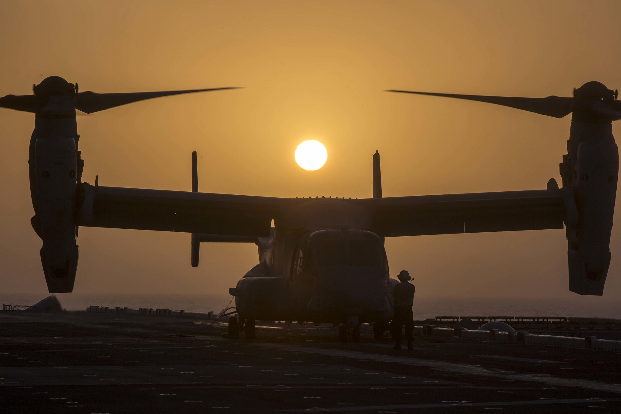 A Marine Corps MV-22B Osprey prepares for takeoff Jan. 5, 2019, while aboard the Wasp-class amphibious assault ship USS Essex (LHD 2) in the Arabian Sea. (Sgt. Francisco J. Diaz Jr./Marine Corps)