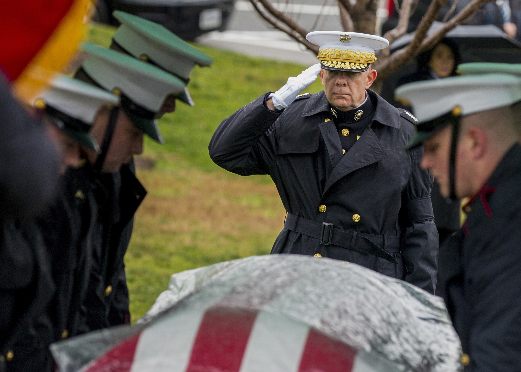 Commandant of the Marine Corps, Gen. David H. Berger salutes the casket of retired 28th Commandant of the Marine Corps Gen. Paul X. Kelley during Kelley’s funeral service at Fort Myer Memorial Chapel in Virginia on Feb. 13, 2020. Kelley served as CMC from 1983 to 1987. (Sgt. Daisha R. Johnson/Marine Corps)