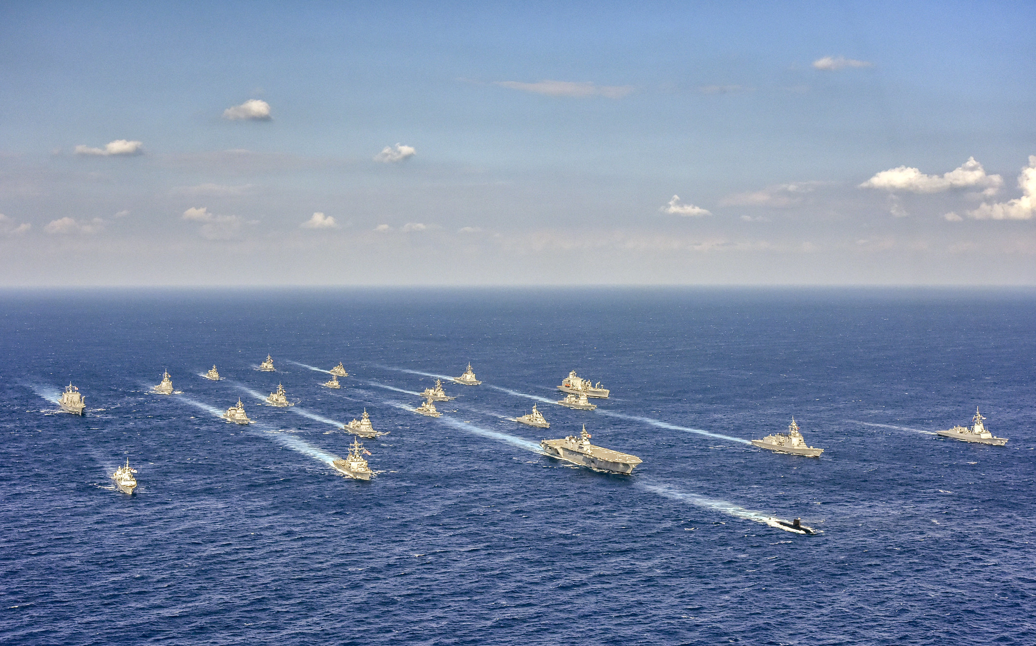 Ships from the U.S. Navy, Japan Maritime Self-Defense Force, Royal Australian Navy, and Royal Canadian Navy are underway in formation during Annual Exercise (ANNUALEX) 19 on Nov. 11 in the Philippine Sea. (Courtesy of Japan Maritime Self-Defense Force via U.S. Navy)