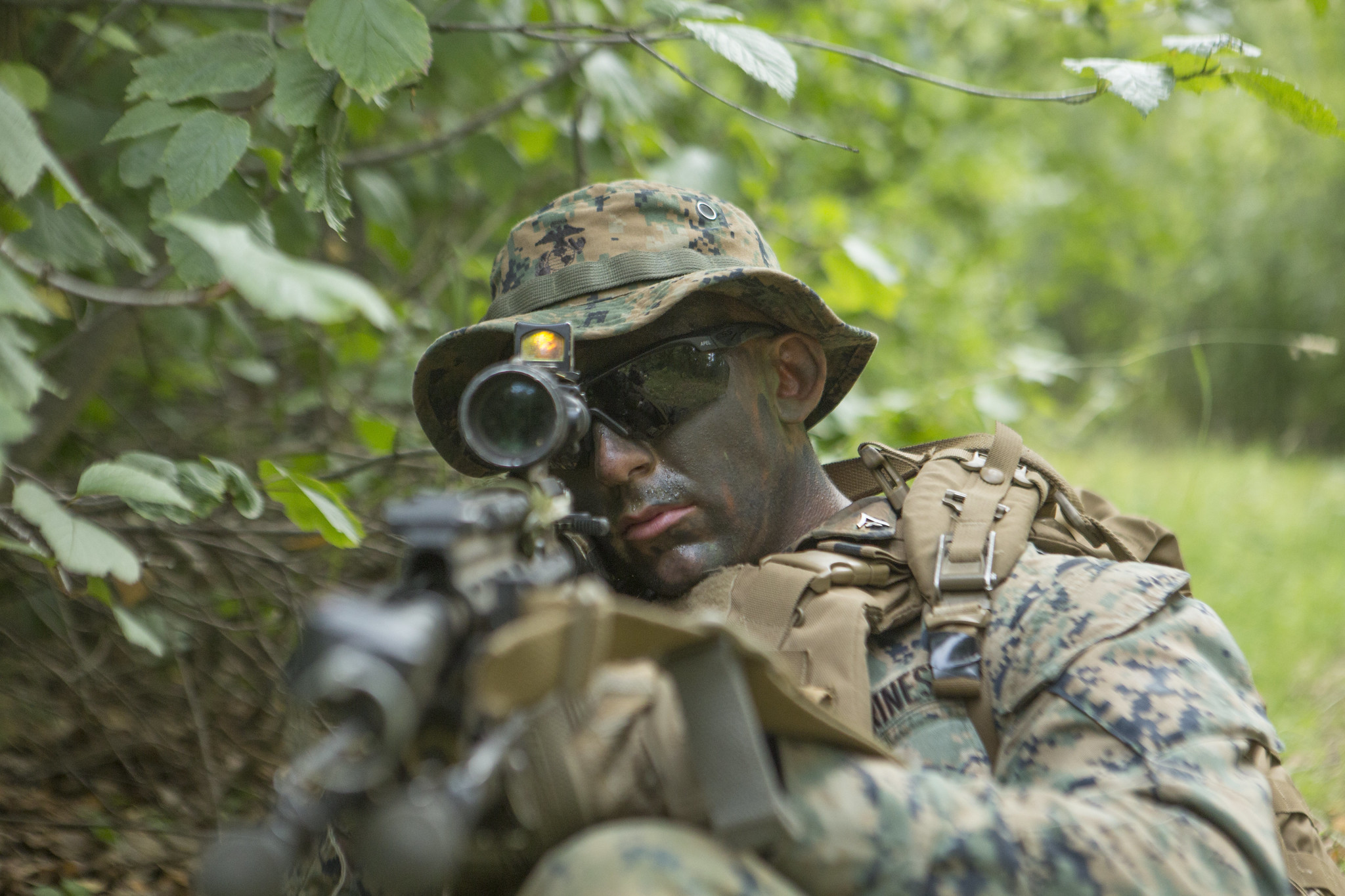 Lance Cpl. Dylan Beads posts security for his squad during the 4th Marine Division Super Squad Competition on Aug. 13, 2019, at Joint Base Elmendorf-Richardson. (Cpl Ronald L. Parker II/Marine Corps)