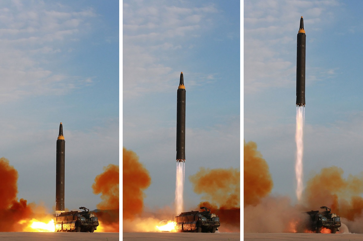 Three Hwasong-12 missiles were launched in April 2017. The first three tests of the Hwasong-12 intermediate-range ballistic missile are believed to have failed. Since these failures, the missile has complete three successful tests. It is capable of carrying a nuclear warhead and can be launched from road-mobile transporter erector launchers. This undated image released from North Korea's official Korean Central News Agency shows a launching drill of the Hwasong-12. (STR/AFP via Getty Images)