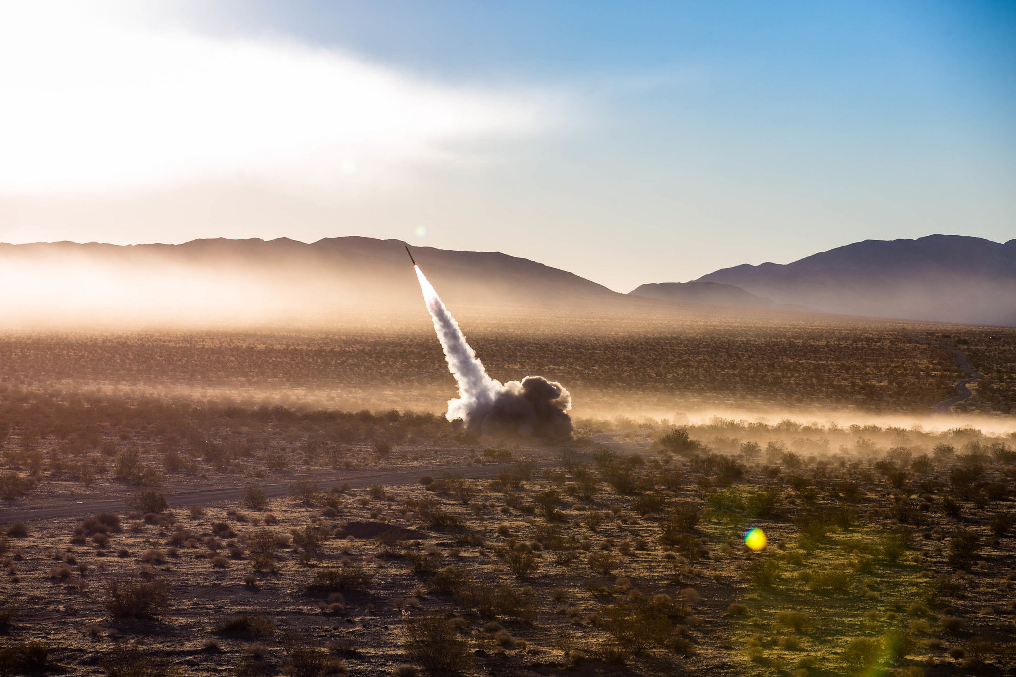 U.S. Marines assigned to Battery R, 5th Battalion, 11th Marine Regiment launch the High Mobility Artillery Rocket System from a Guided Multiple Launch Rocket System during Operation Steel Knight aboard the Marine Corps Air Ground Combat Center, Twentynine Palms, Calif. (Pfc. William Chockey/Marine Corps)
