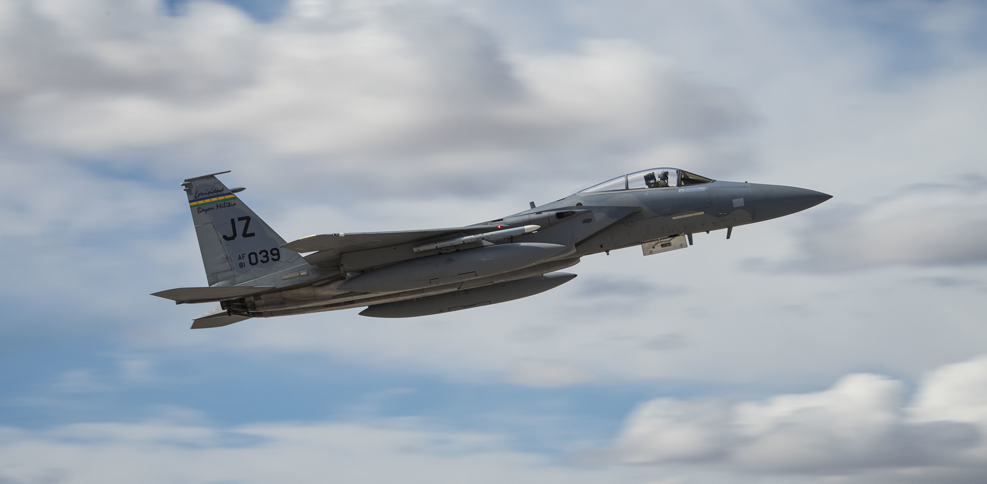 An F-15E Strike Eagle fighter jet takes off MArch 12, 2019, to participate in Red Flag 19-2 at Nellis Air Force Base, Nev. (Airman 1st Class Bailee A. Darbasie/Air Force)
