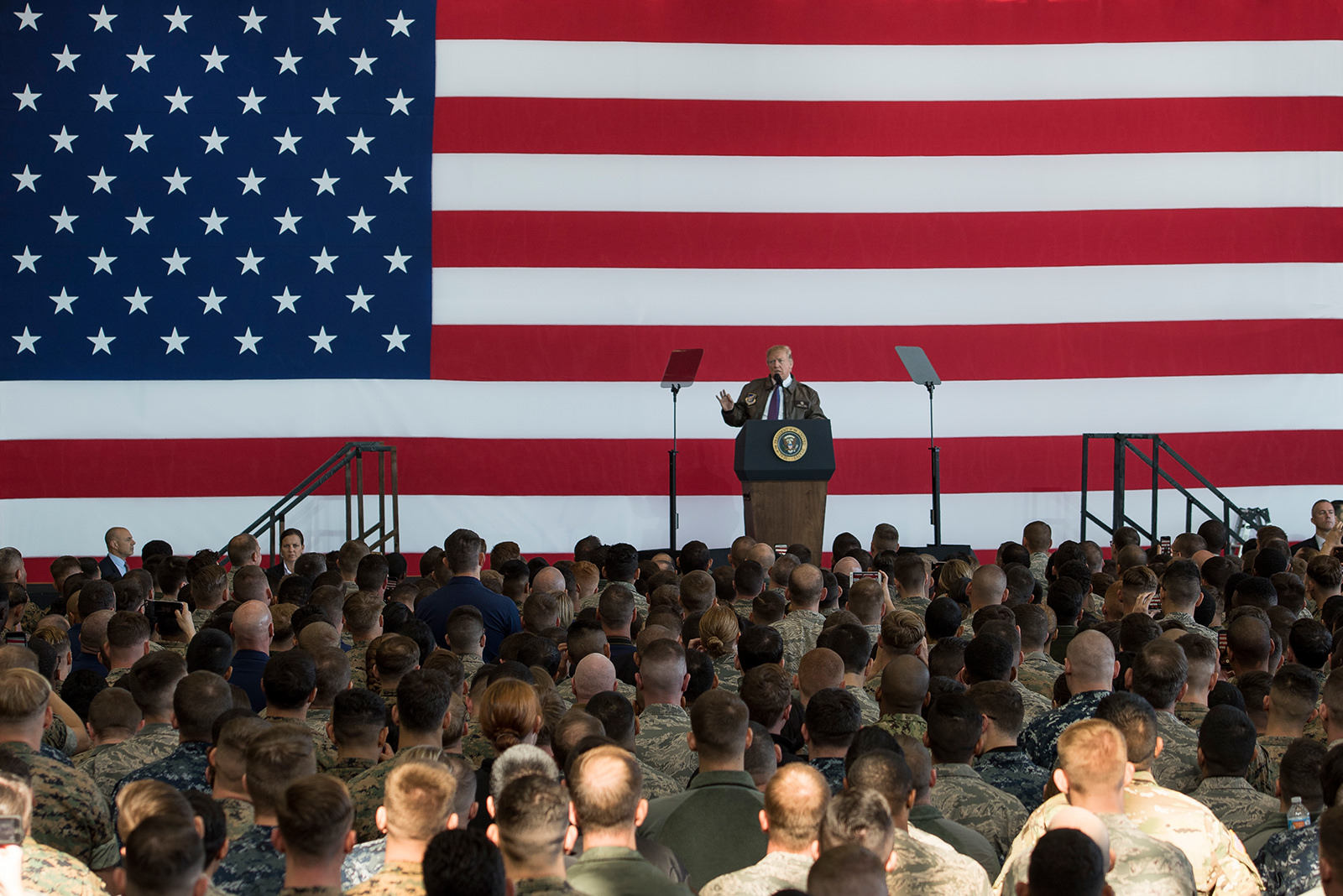 President Donald Trump speaks to service members and their families during a troop talk on Nov. 5, 2017, at Yokota Air Base, Japan. (Senior Airman Donald Hudson/Air Force)