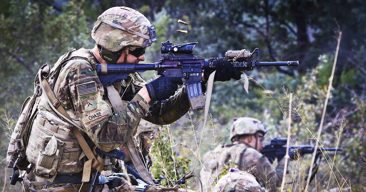 Army Pvt. Samuel Chase, assigned to Alpha Company, 2nd Battalion, 5th Cavalry Regiment, 1st Armored Brigade Combat Team, 1st Cavalry Division, fires an M4 carbine during a Table XII live fire exercise, Novo Selo Training Area, Bulgaria, August 24, 2018. This exercise is in support of Atlantic Resolve, an enduring training exercise between NATO and U.S. Forces. (Sgt. Jamar Marcel Pugh/ Army National Guard)