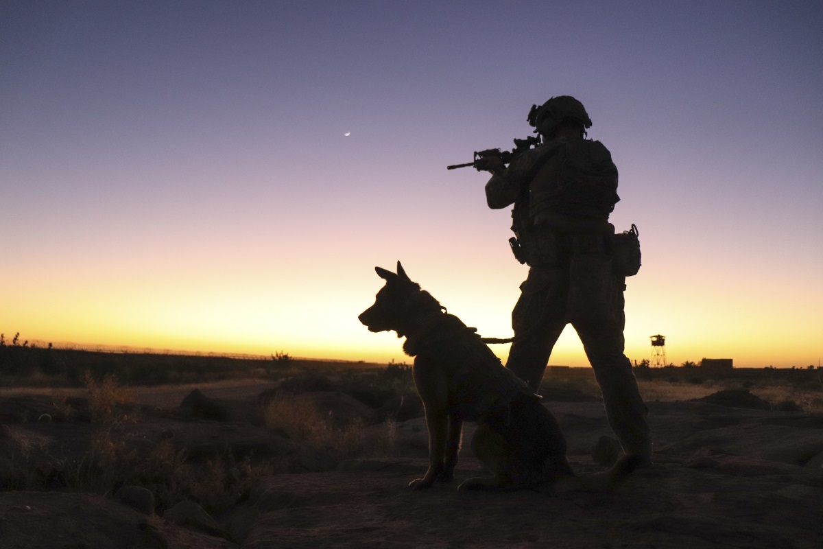 Senior Airman Cullen Thomas, 824th Expeditionary Base Defense Squadron military working dog handler, and his military working dog Klepa perform a perimeter check at Nigérien Air Base 201, Niger, Dec. 9, 2018. (Staff Sgt. Daniel Asselta/Air Force)
