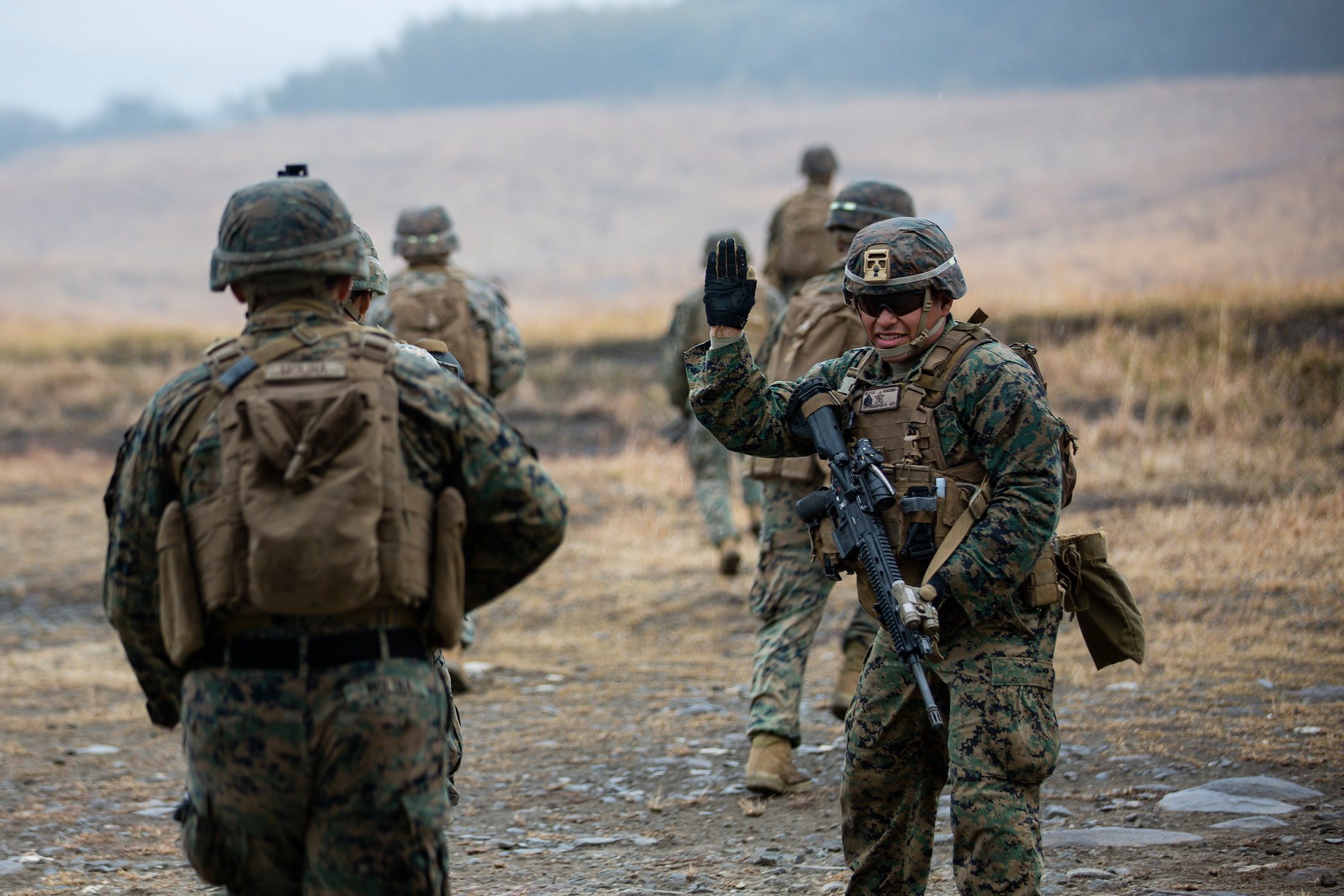 Marines disembark from an MV-22B Osprey to conduct on-off drills during exercise Forest Light Western Army at Camp Oyanohara, Kyushu, Japan, Jan. 22, 2020. (Lance Cpl. Ethan M. LeBlanc/Marine Corps)