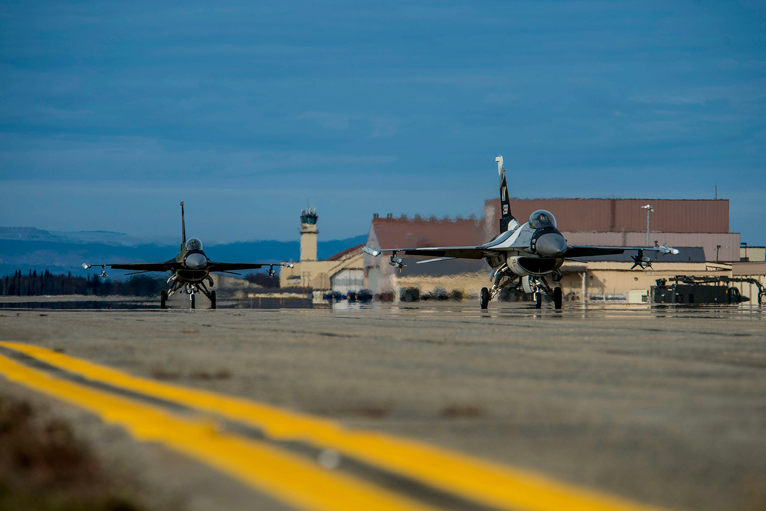 U.S. Air Force F-16 Fighting Falcons taxi on the flightline at Eielson Air Force Base, Alaska, Sept. 24, 2019. (Airman 1st Class Aaron Larue Guerrisky/Air Force)
