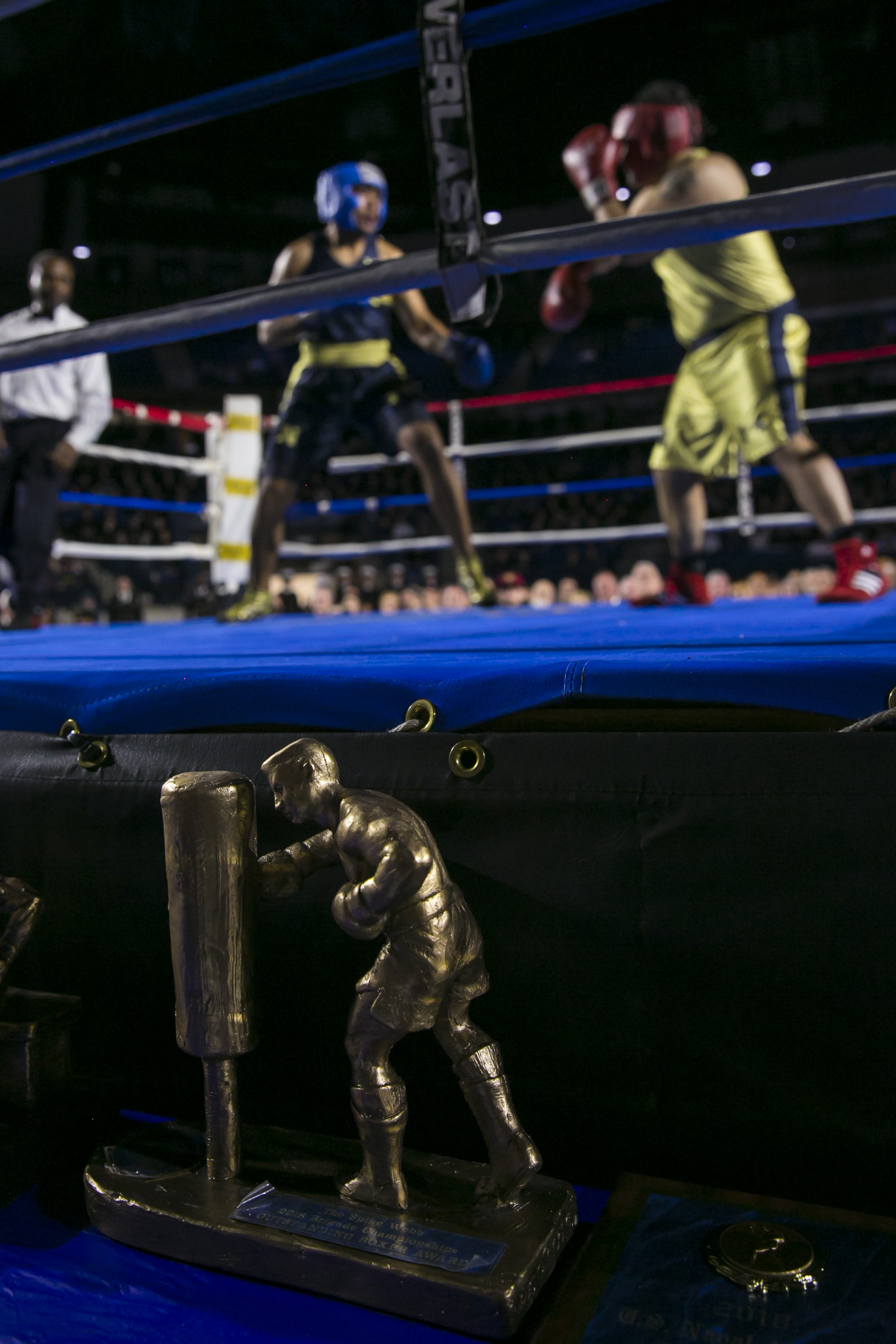 Charles Patterson, left, from Honolulu, HI fights Joey Resendez, right, from El Paso, TX, in the Heavyweight fight during the United States Naval Academy's 77th Brigade Boxing Championships held on Feb. 23, 2018. Patterson won the fight. (Alan Lessig/Staff)