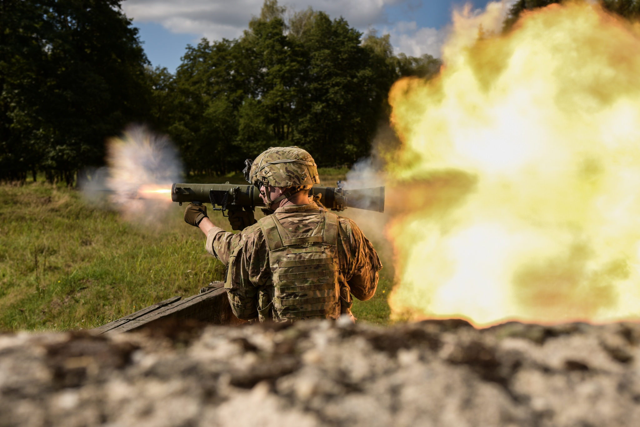 U.S. soldiers assigned to the 1st Battalion, 503rd Infantry Regiment, 173rd Airborne Brigade engaged targets with the Carl Gustaf 84mm weapon system in Grafenwoehr, Germany, Sept. 8, 2018, during Saber Junction 18. (Capt. Joseph Legros/Army)