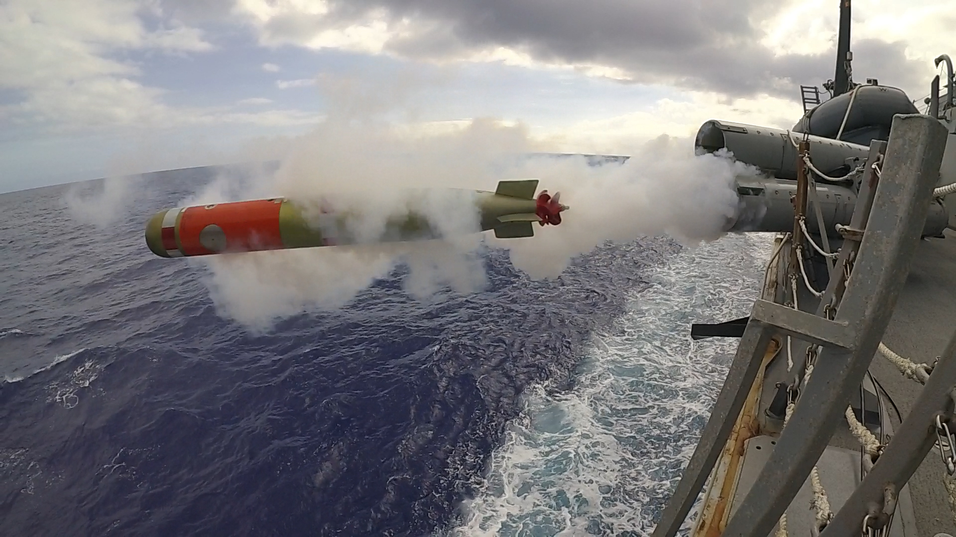 A mark 46 shallow water exercise torpedo is fired from the weather deck of the Arleigh Burke-class guided-missile destroyer USS McCampbell (DDG 85) while operating in the Philippine Sea on March 12, 2019, during a live-fire exercise. (Mass Communication Specialist 2nd Class John Harris/Navy)