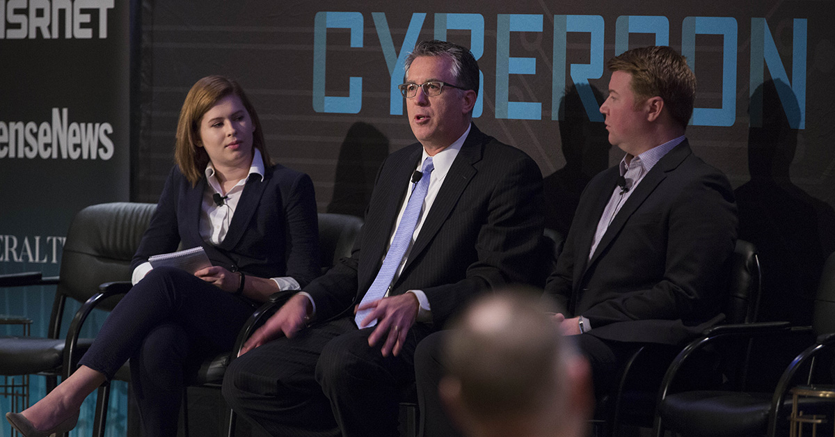 Jessie Bur, Sr. Reporter for Federal Times with Jim Piche, Homeland Security director, FEDSIM, General Services Administration and Greg Wigton, program manager, Cyber Security Division, Science and Technology Directorate, Dept. of Homeland Security, speaks during the Acquisition Innovation panel at Cybercon 2017 at the Ritz-Carlton Hotel in Pentagon City on Nov. 28, 2017. ( Ben Murray/Staff)