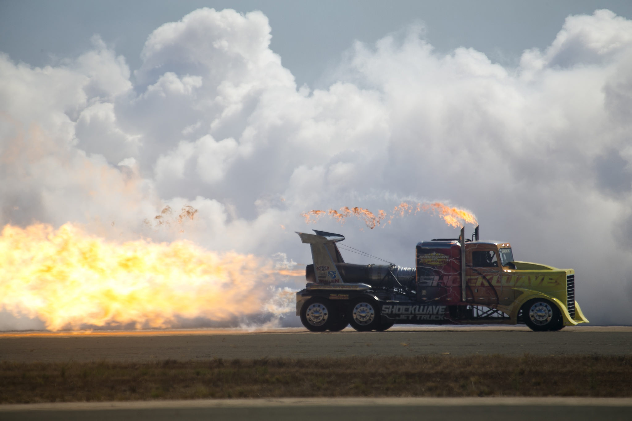 The Shockwave Jet Truck races across the flight line during the 2018 Marine Corps Air Station Miramar Air Show at MCAS Miramar, Calif., Sept. 28, 2018. ( Lance Cpl Raynaldo D. Ramos/Marine Corps)