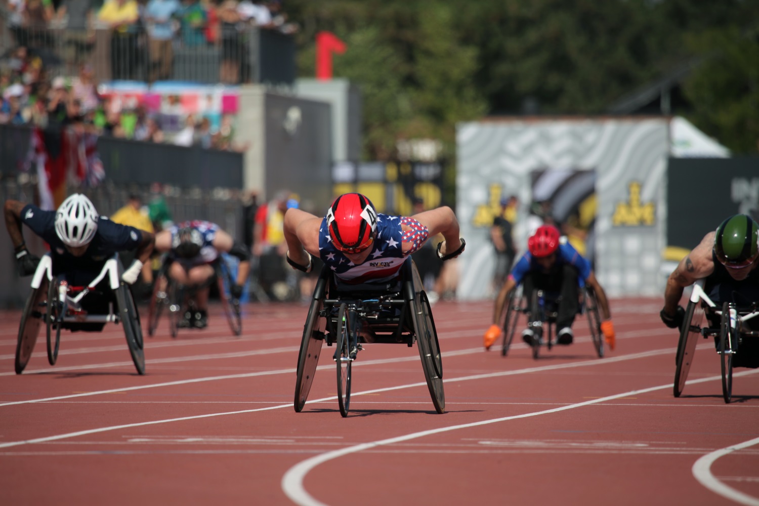 U.S. Marine Sgt. Ivan Sears competes in the Invictus Games' 100-meter wheelchair dash at York Lions Stadium in Toronto, Canada, on Sept. 24, 2017. The Invictus Games is taking place Sept. 23-30. (Staff Sgt. Daniel Luksan/Army)