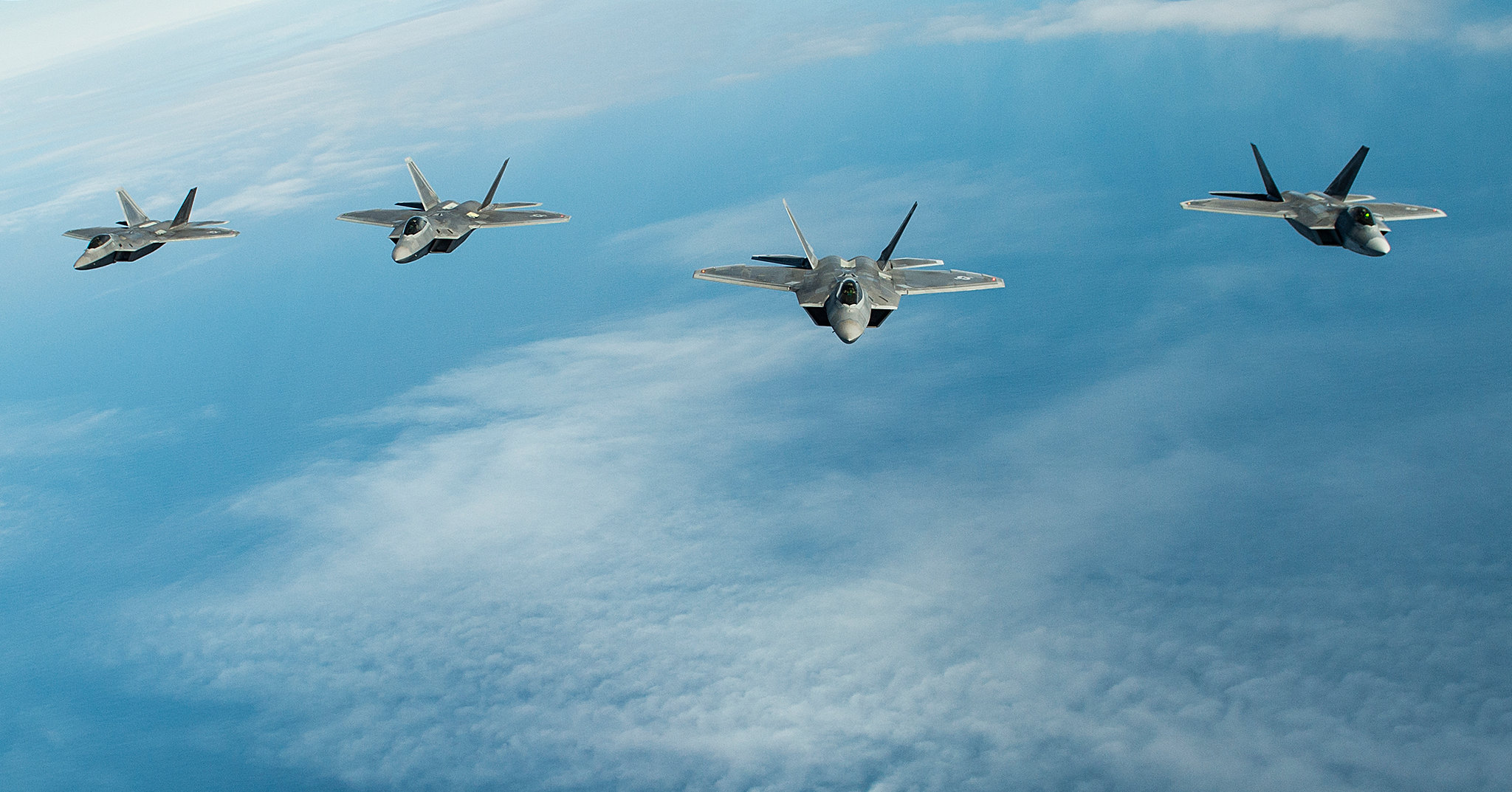 U.S. Air Force F-22 Raptors fly over Alaska during Northern Edge, May 14, 2019, at Joint Base Elmendorf-Richardson. (Master Sgt. Nathan Lipscomb/Air Force)
