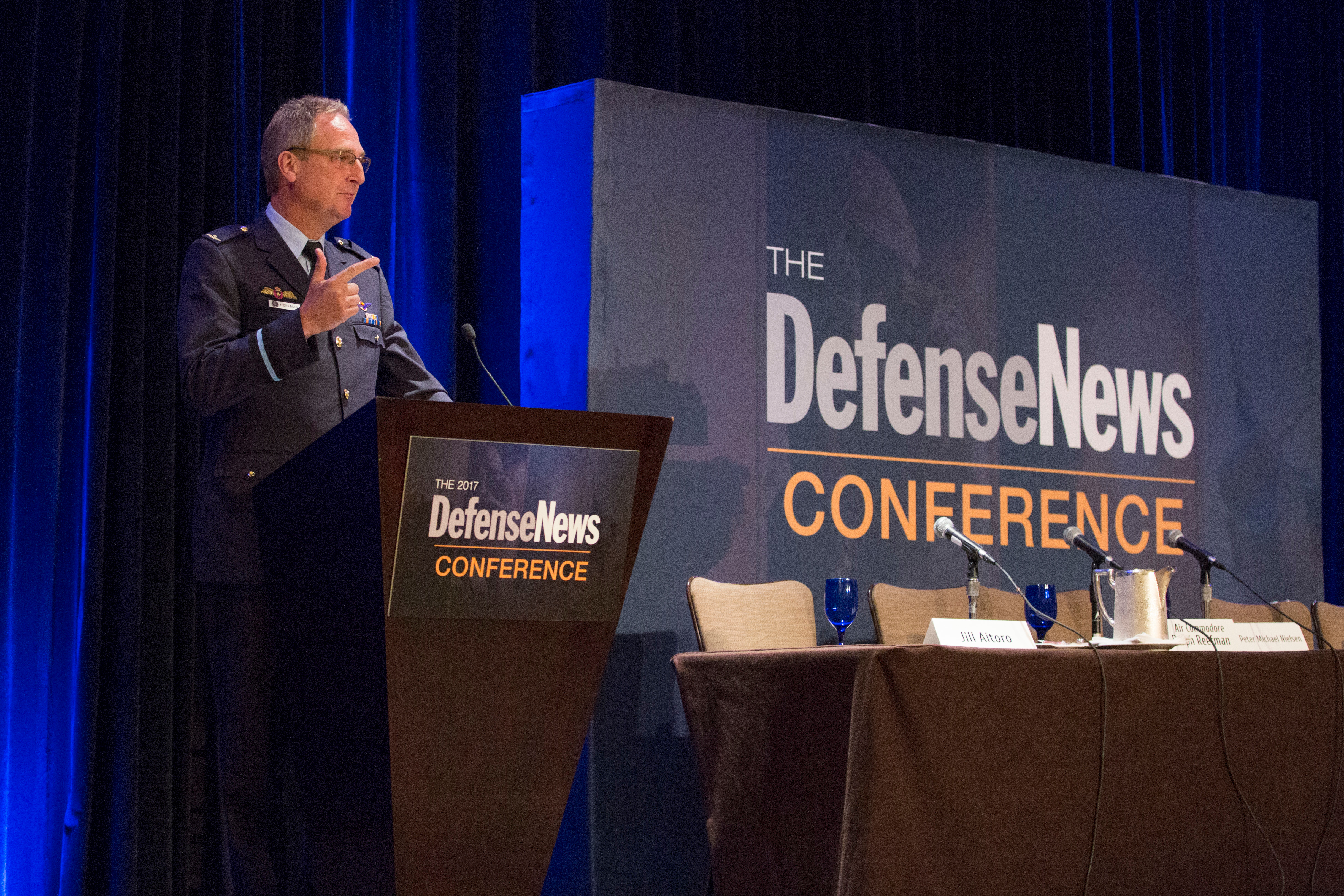 Air Commodore Ralph Reefman, assistant chief of staff for defense planning at NATO Allied Command Transformation, gives a keynote address during the Defense News Conference. He later spoke with Defense News talk about capability gaps and the challenge of coordinating 29 member states to meet budgetary needs. (Amber Corrin/Staff)