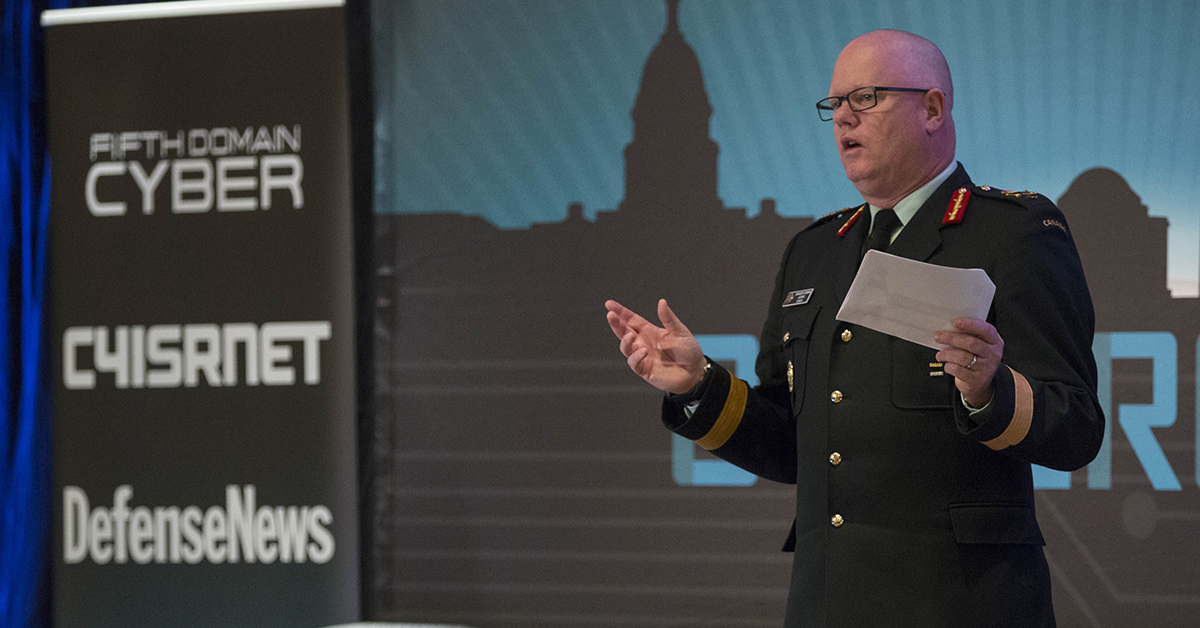Brig. Gen. S.M. Lacroix, Director General of the Secretariat of the Inter-American Defense Board, gives keynote speech asserting the importance of globally minded cybersecurity measures at Cybercon 2017 at the Ritz-Carlton Hotel in Pentagon City on Nov. 28, 2017. ( Ben Murray/Staff)