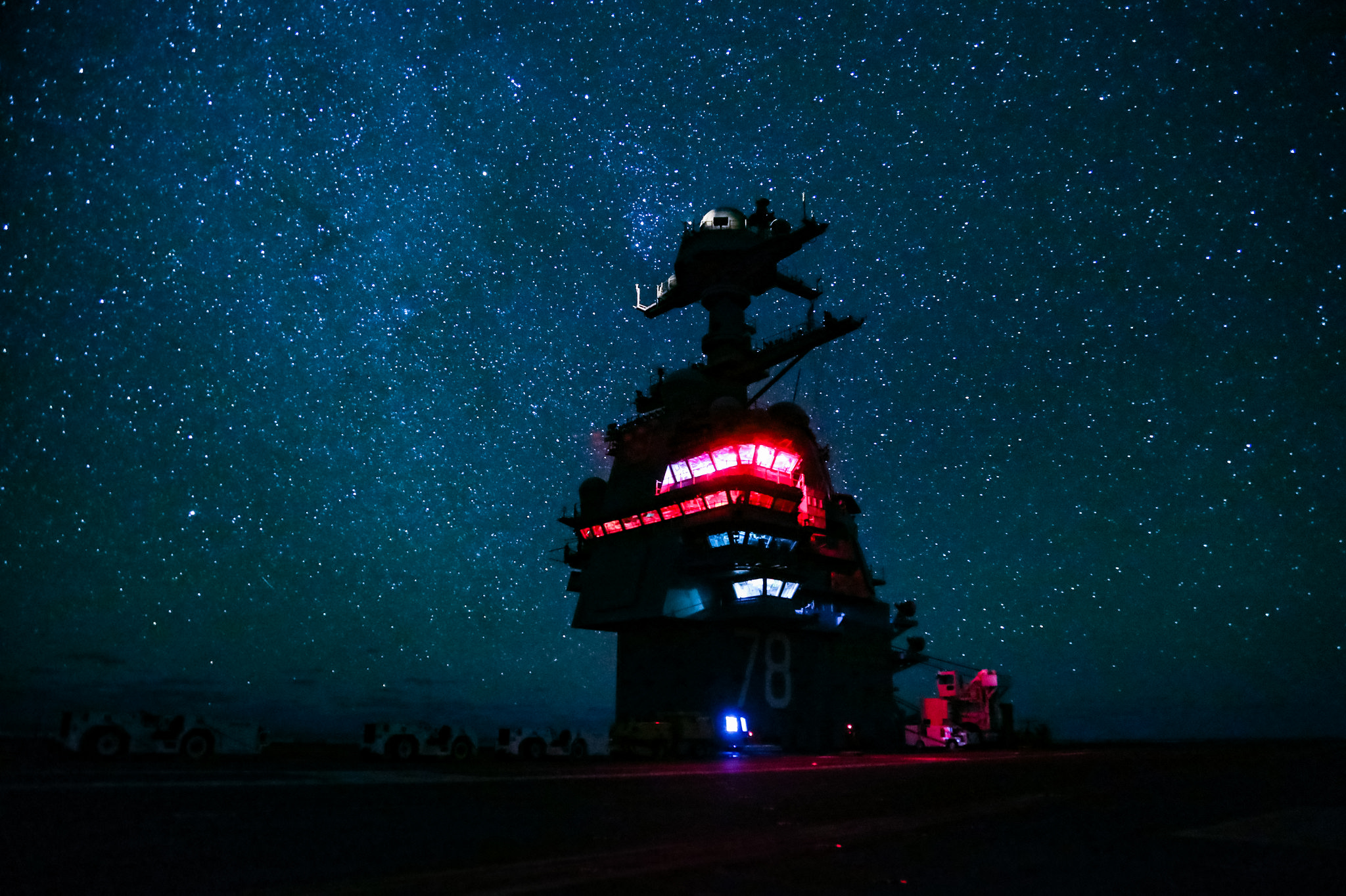 USS Gerald R. Ford (CVN 78) transits the Atlantic Ocean at night on Dec. 13, 2017. Ford is underway conducting test and evaluation operations. (MC1 Joshua D. Sheppard/Navy)