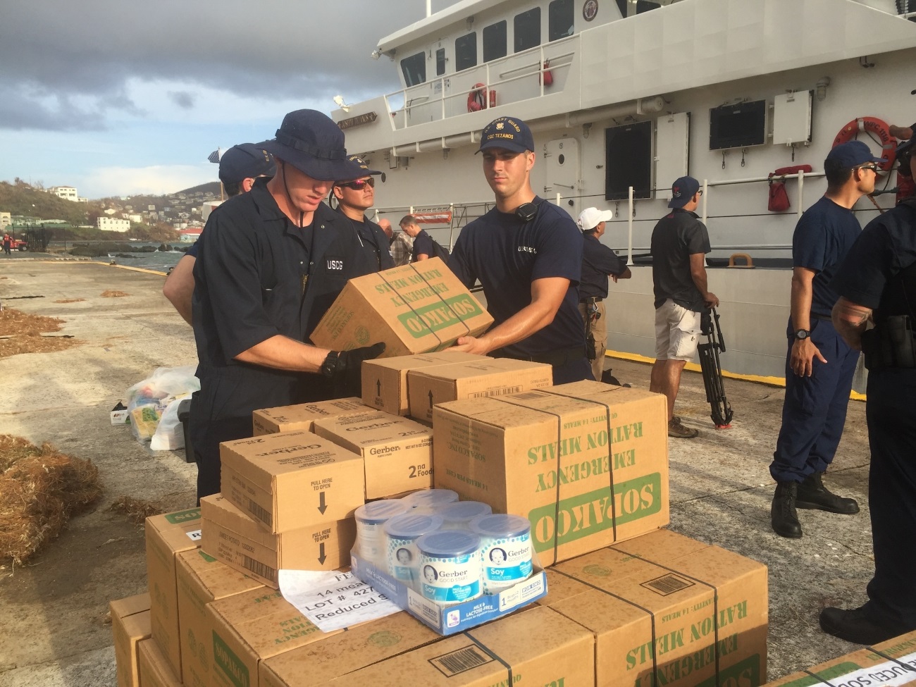 Coast Guard Cutter Joseph Tezanos crewmembers load a pallet of emergency ration meals for emergency responders to pass out to the residence of St. Thomas, U.S. Virgin Island, Sept. 10, 2017, after Hurricane Irma severely damaged the island. (Chief Petty Officer Crystalynn Kneen/Coast Guard)