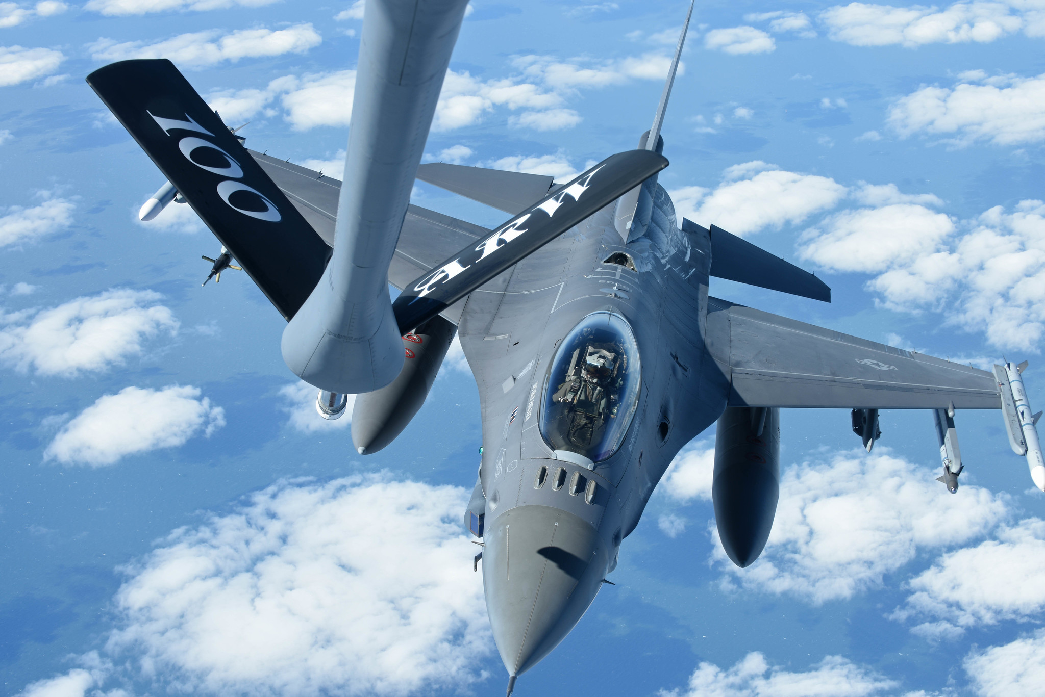 An Air Force F-16 Fighting Falcon flies behind a KC-135 Stratotanker before receiving fuel during Exercise Frisian Flag over the Netherlands, April 10, 2019. (Senior Airman Luke Milano/Air Force)