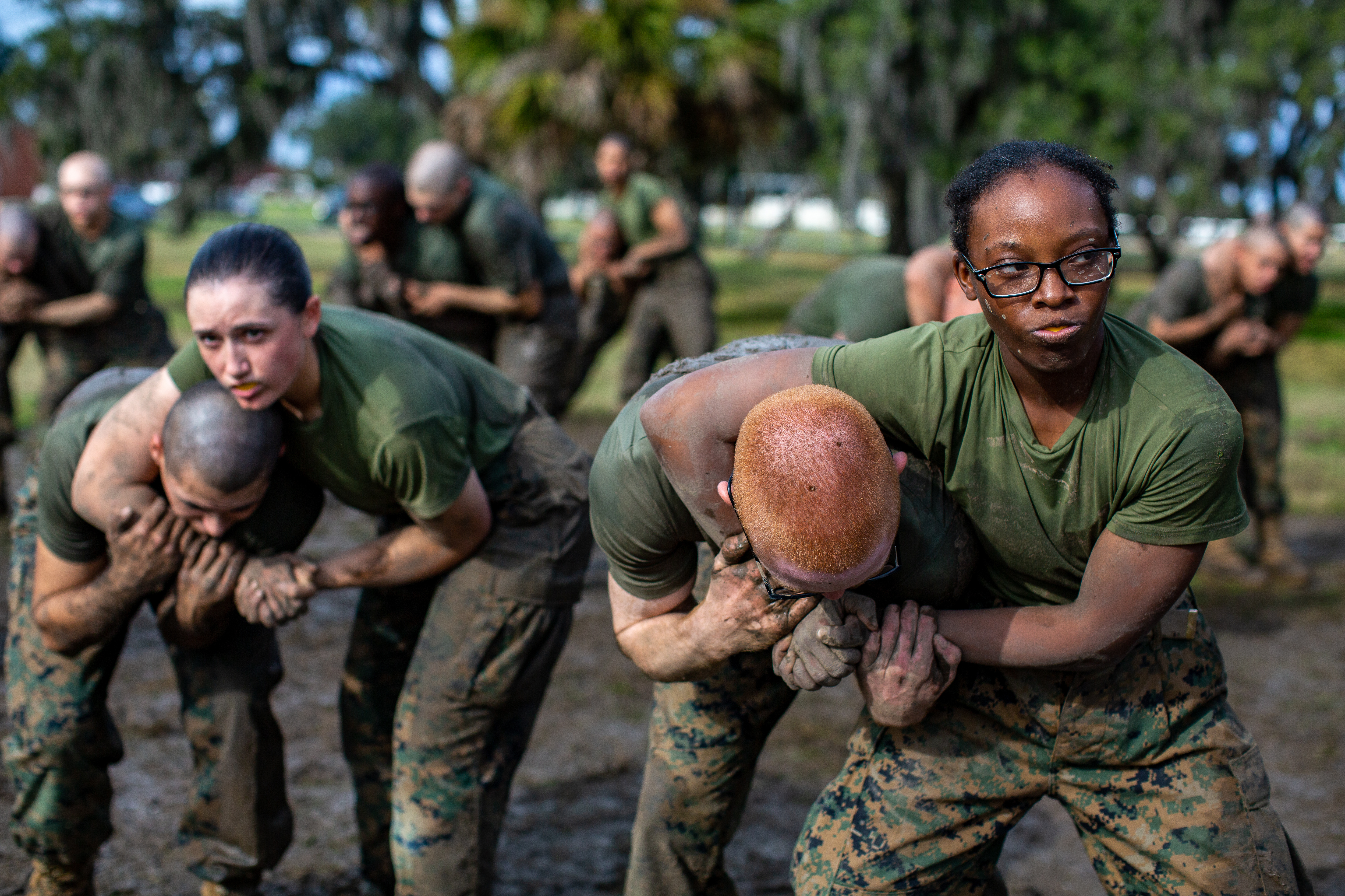 Recruits with India Company, 3rd Recruit Training Battalion, practice escaping headlocks during a Marine Corps Martial Arts Program training session Dec. 30, 2019, at Marine Corps Recruit Depot Parris Island, S.C. (Gunnery Sgt. Tyler Hlavac/Marine Corps)