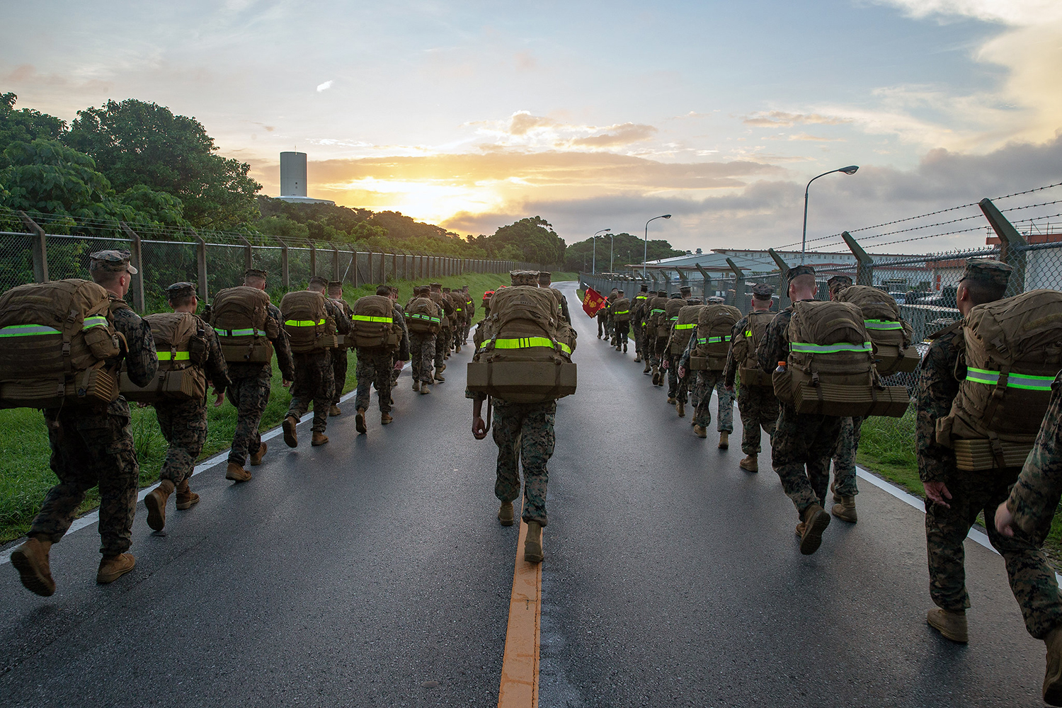 Marines participate in a 10 kilometer hike on Camp Hansen, Okinawa, Japan, July 12, 2019. (Lance Cpl. D’Angelo Yanez/Marine Corps)