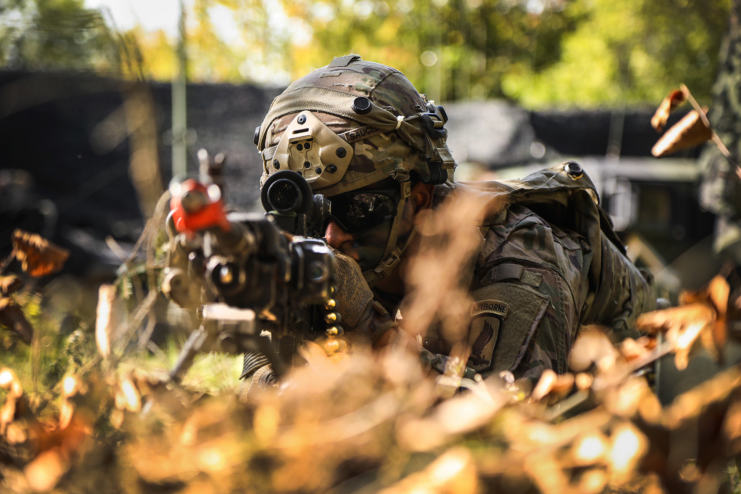 U.S. Army Pfc. Albino Saucedo scans his sector of fire during Saber Junction 19 at the Hohenfels Training Area in Germany, Sept. 20, 2019. (Spc. Meagan Mooney/Army)
