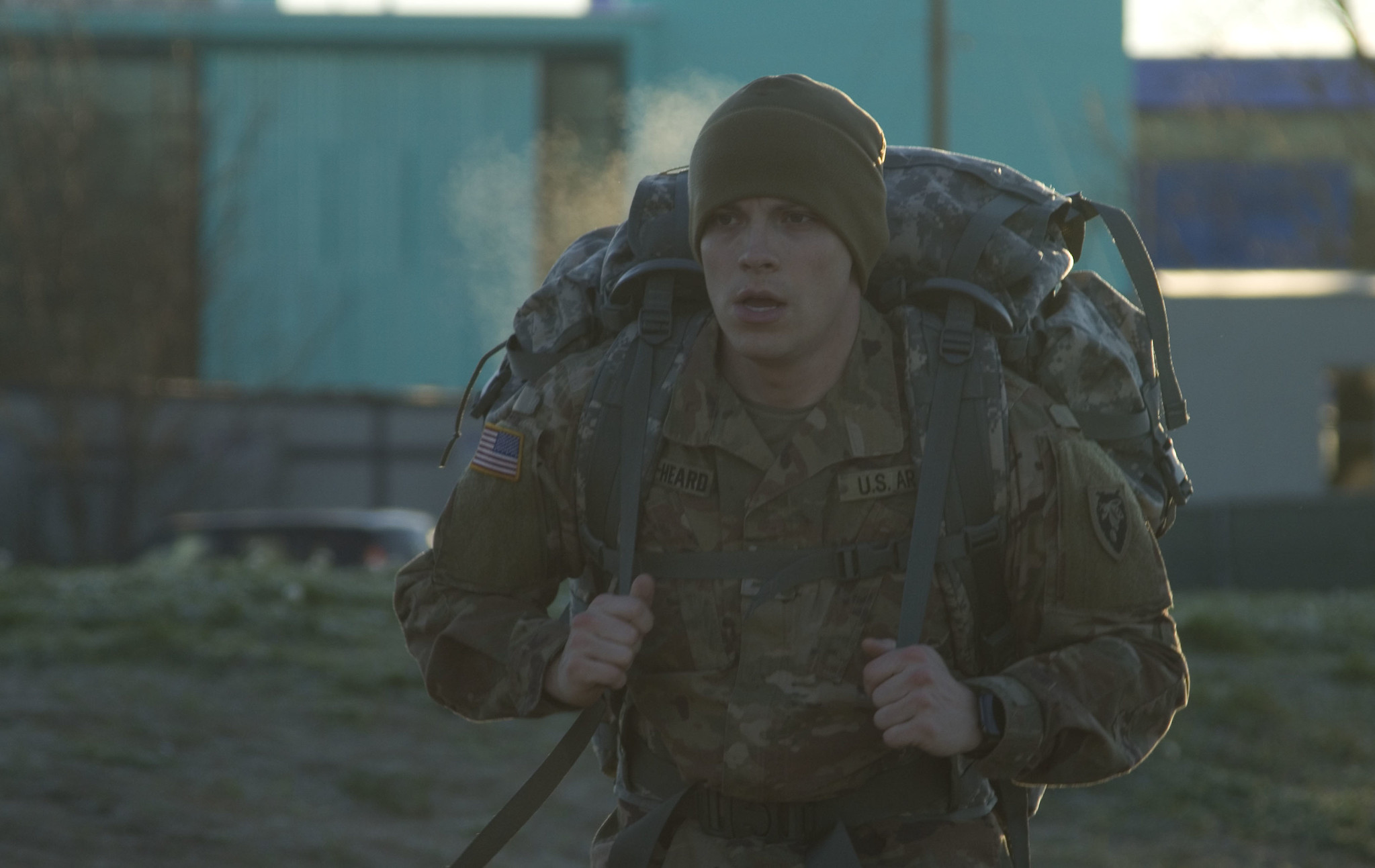U.S. Army Spc. Jacob Hester-Heard participates in a 6-mile ruck march during the Best Warrior Competition near Claude T. Bowers Military Center Feb. 8, 2020. (Pfc. Logan Collier/Army National Guard)
