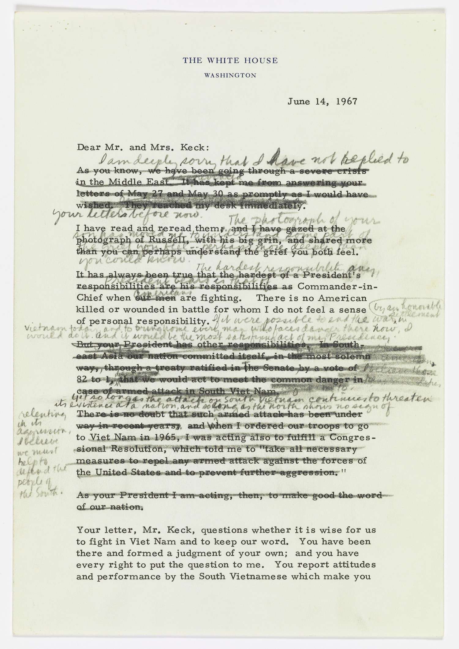 The parents of Marine Cpl. Russell Keck sent long letters to President Lyndon Johnson expressing anger and grief at losing their son. His draft reply, with layers of revised and rejected phrases, shows his struggle to respond. (National Archives/LBJ Library)